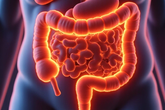 Un primer plano de un intestino humano estilizado con bacterias beneficiosas.