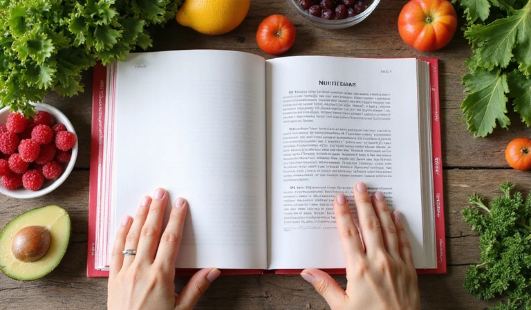 Una imagen de una mano abriendo un libro de nutrición con alimentos frescos alrededor.