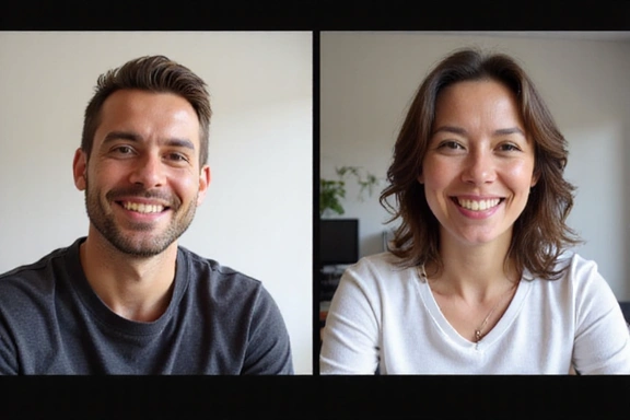 Dos personas en una videollamada, una de ellas sonriendo y la otra con una expresión atenta, representando una sesión de seguimiento online.