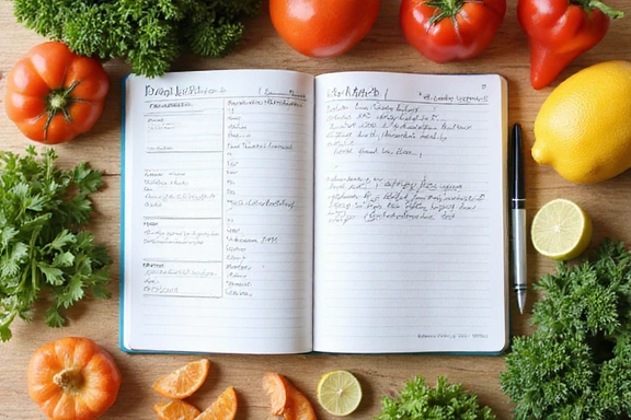 Un cuaderno abierto con un plan de comidas saludable escrito a mano, rodeado de ingredientes frescos y un bolígrafo.