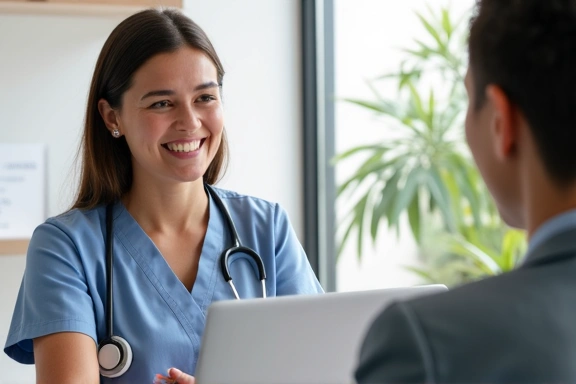 Una nutricionista sonriente conversando con un paciente en una videollamada, mostrando profesionalismo y empatía.