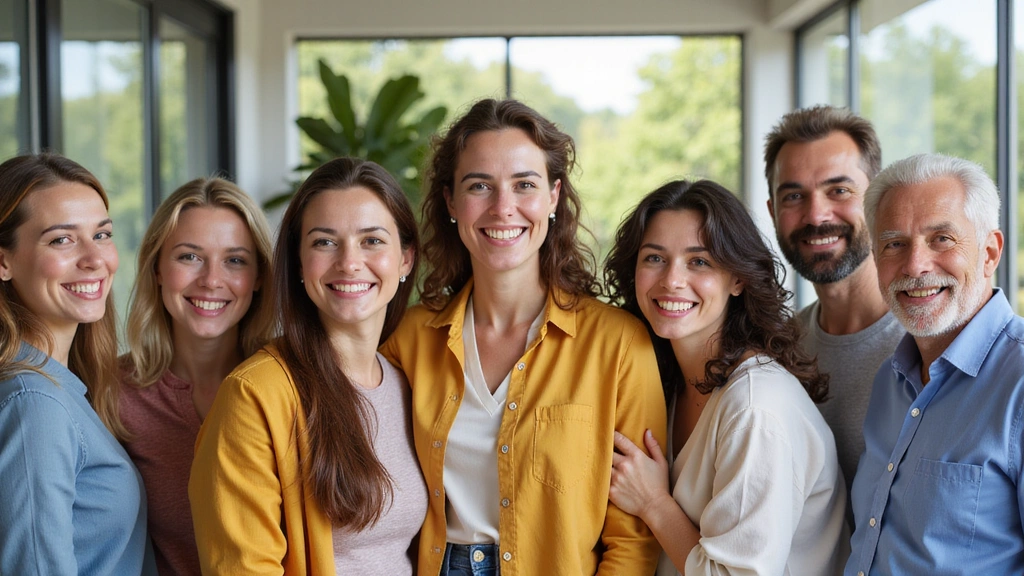 Grupo de personas sonrientes y felices, simbolizando éxito y bienestar después de una transformación de salud.
